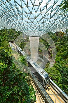 Jewel Changi Airport in Singapore City. Interior design decoration with waterfall, garden and trees. The world`s best airport and