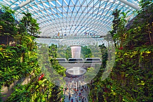 Jewel Changi Airport in Singapore City. Interior design decoration with waterfall, garden and trees. The world`s best airport and photo