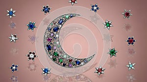 Jewel-encrusted crescent moon with star decorations