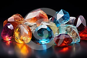Jewel or gems on black shine color, Collection of many different natural gemstones amethyst, lapis lazuli, rose quartz