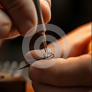 Jeweler carefully placing a diamond into a setting with tweezers under bright light