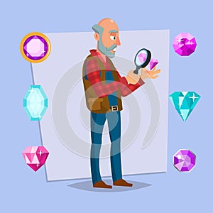 Jeweler Man Vector. Eyeglass Magnifier, Jewelry Gem Items. Occupation Person To Work With Precious Stones. Cartoon photo