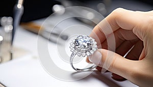 Jeweler\'s hand holding a diamond ring