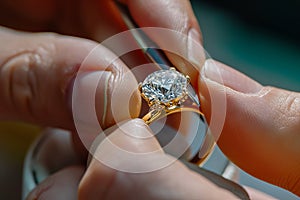 Jeweler& x27;s hands meticulously setting a large diamond into a golden ring band with prongs