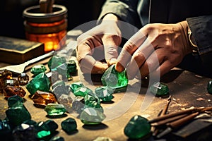 Jeweler& x27;s hands with precious stones