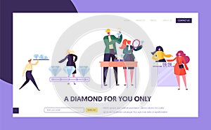 Jeweler Seller Hold Gem Landing Page. Woman Character Choose Luxury Diamond Ring at Store. Jewelry Industry Concept Website