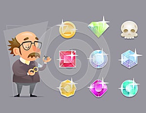 Jeweler Valuer Appraiser Quality Check Process Icon Set Retro Cartoon Design Mobile game Vector Illustration photo