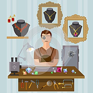 Jeweler at the workplace making jewelry