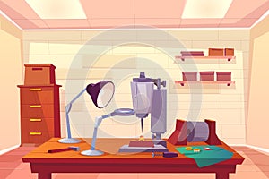 Jeweler workplace with work tools cartoon vector