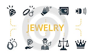 Jewelery icon set. Contains editable icons theme such as jeweler, signaling, ring fitting and more.