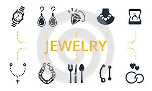 Jewelery icon set. Contains editable icons theme such as pearl necklace, drop earrings, religious jewelery and more.