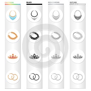 Jewelery necklace, gold chain, precious diadem, earrings. Jewelry and Accessories set collection icons in cartoon black