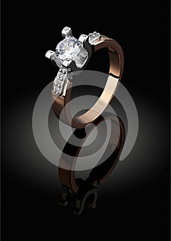 Jewelery ring with big diamond on black background, clipping pat