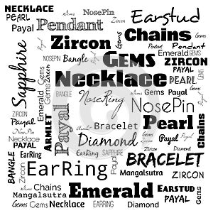 jewelery word cloud, word cloud use for banner, painting, motivation, web-page, website background, t-shirt & shirt printing,
