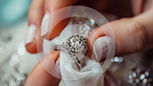 Jeweller cleaning jewelry diamond ring with fabric cloth