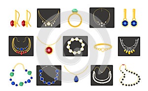 Jewellery accessories. Woman fashion gold silver necklace bracelet ring with luxury gemstone, expensive glamour