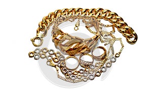 Jewellery or jewelry isolated on white background, decorative items worn for personal adornment, such as brooches, rings,