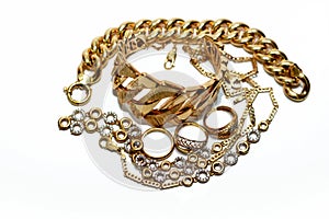 Jewellery or jewelry isolated on white background, decorative items worn for personal adornment, such as brooches, rings,