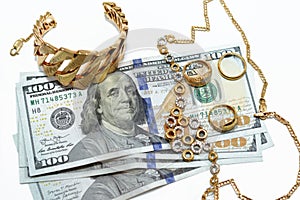 Jewellery or jewelry with USD American dollars cash money banknotes, brooches, rings, necklaces, earrings, pendants, bracelets,