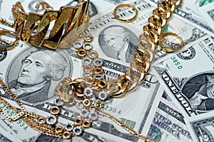 Jewellery or jewelry with USD American dollars cash money banknotes, brooches, rings, necklaces, earrings, pendants, bracelets,