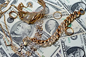 Jewellery or jewelry with USD American dollars cash money banknotes, brooches, rings, necklaces, earrings, pendants, bracelets,