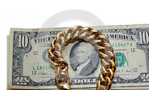 Jewellery or jewelry with USD American dollars cash money banknotes, brooches, rings, necklaces, earrings, pendants, bracelets,