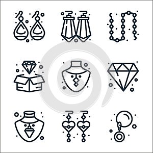 jewellery line icons. linear set. quality vector line set such as earring, earring, necklace, diamond, necklace, diamond, chain,