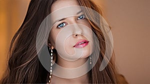 Jewellery model and beauty face closeup. Beautiful woman with brown hair wearing luxury earrings, long hairstyle and