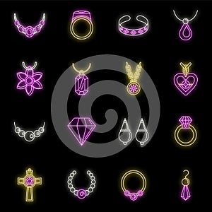 Jewellery necklace luxury icons set vector neon