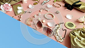 Jewelry accessories gold rings earrings white pearl bracelet luxury   stylish living coral pink blue yellow roses floral  backgrou