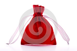 Jewelry bag. Drawstring pouch. Red velvet pouch on a white background