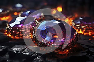 Jewelry with big precious stones on dark background, AI Generated