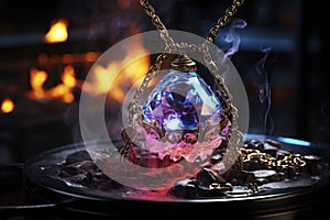 Jewelry with big precious stones on dark background, AI Generated