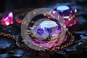 Jewelry with big precious stones on dark background, AI Generated