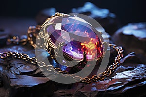 Jewelry with big precious stones on dark background, AI Generated