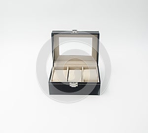 jewelry box or black leather jewelery box on background.