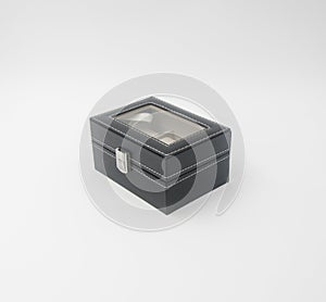 jewelry box or black leather jewelery box on background.