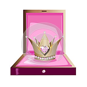 Jewelry box with a tiara decorated with pearls, pink gems for a beautiful princess