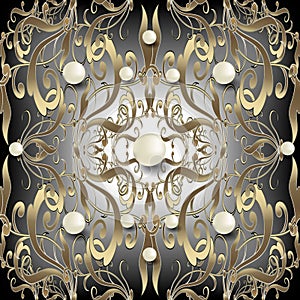 Jewelry 3d Baroque seamless pattern. Ornate vector Damask background. White surface pearls gemstones. Vintage gold floral ornament