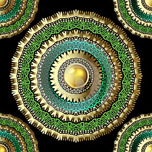 Jewelry 3d vector seamless mandala pattern. Ornamental luxury ornate background. Floral vintage gold green flower lace