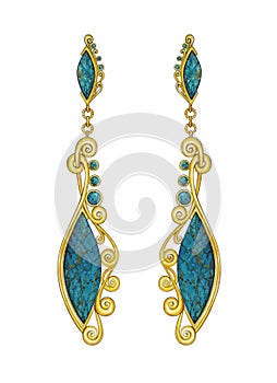 Jewelry design vintage art set with turquoise gold earrings.