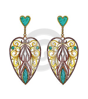 Jewelry design vintage heart set with granet and turquoise gold earrings.