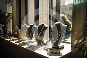 a jewelry display in a window with natural light, showing off the pieces