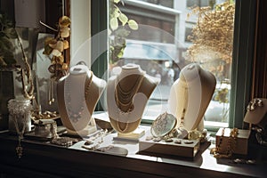 a jewelry display in a window with natural light, showing off the pieces