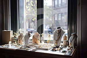 a jewelry display in a window with natural light, showing off the pieces