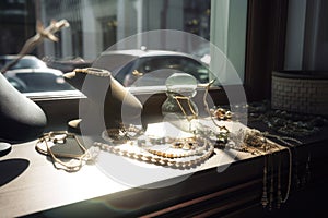 a jewelry display in a window with natural light, showing off the pieces