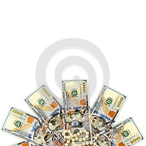 Jewelry and dollars isolated on white background. Free space for