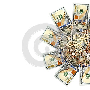 Jewelry and dollars on white background. Free space for text. Top view