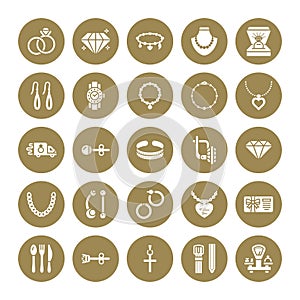 Jewelry flat glyph icons, jewellery store signs. Jewels accessories - gold engagement rings, gem earrings, silver chain