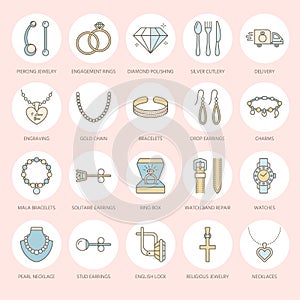 Jewelry flat line icons, jewellery store signs. Jewels accessories